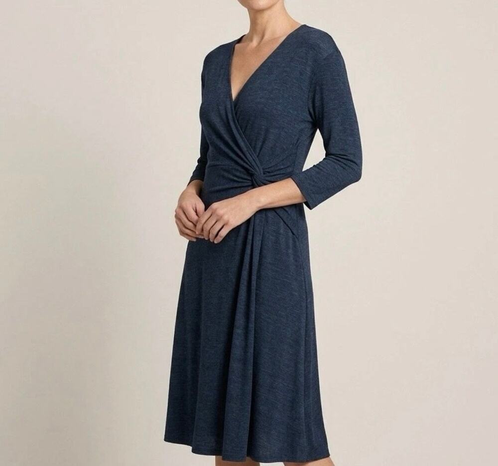 Chico’s Travelers Faux Wrap Midi Dress Geometric Print Blue Black Sz 2 = L